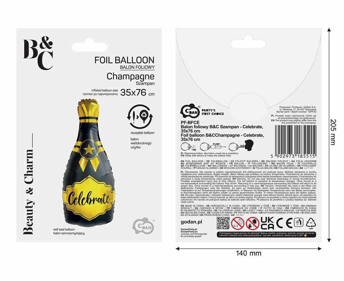 Foil balloon B&C Champagne - Celebrate, 35x76 cm